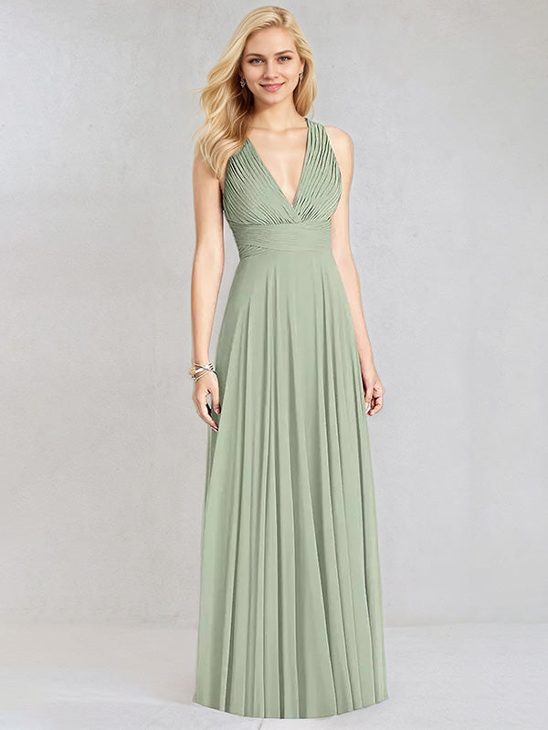 Salbeigrünes Chiffon-A-Linien-Kleid mit V-Ausschnitt, ärmellos, bodenlang, Brautjungfernkleid