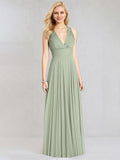Salbeigrünes Chiffon-A-Linien-Kleid mit V-Ausschnitt, ärmellos, bodenlang, Brautjungfernkleid