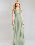 Salbeigrünes Chiffon-A-Linien-Kleid mit V-Ausschnitt, ärmellos, bodenlang, Brautjungfernkleid