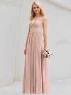 Dusty Rose A-Line V-Neck Floor-Length Lace Chiffon Bridesmaid Dress