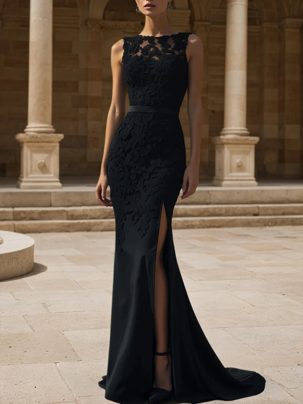 Schwarzes Spitzenkleid mit Schlitz, klassischer Boot-Ausschnitt, ärmellos, Meerjungfrau-Schnitt