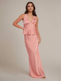 Pink Satin Sheath/Column V Neck Sleeveless Floor Length Bridesmaid Dress
