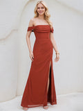 Vestido de dama de honra vermelho alaranjado, chiffon, evasê, ombro a ombro, sem mangas, comprimento até o chão