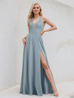 Dusty Blue Chiffon A Line V Neck Sleeveless Floor Length Bridesmaid Dress With Appliques