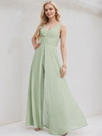 Tuta in chiffon celadon a linea ad A con scollo a V, senza maniche, lunga fino al pavimento, da damigella