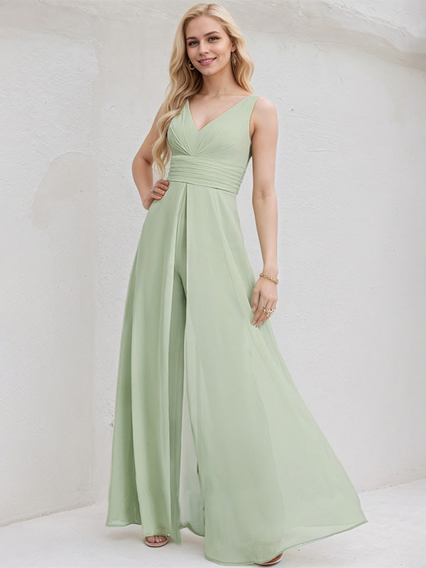 Tuta in chiffon celadon a linea ad A con scollo a V, senza maniche, lunga fino al pavimento, da damigella