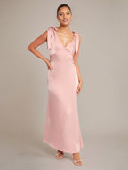 Pink Satin A Line V Neck Sleeveless Floor Length Bridesmaid Dress With Bow