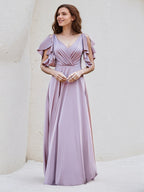 Lilac Satin A Line V Neck Ruffle Short Sleeve Floor Length Bridesmaid Dress