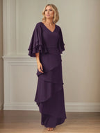 A Line V Neck Flutter Sleeve Floor Length Chiffon Mother of the Bride Dress