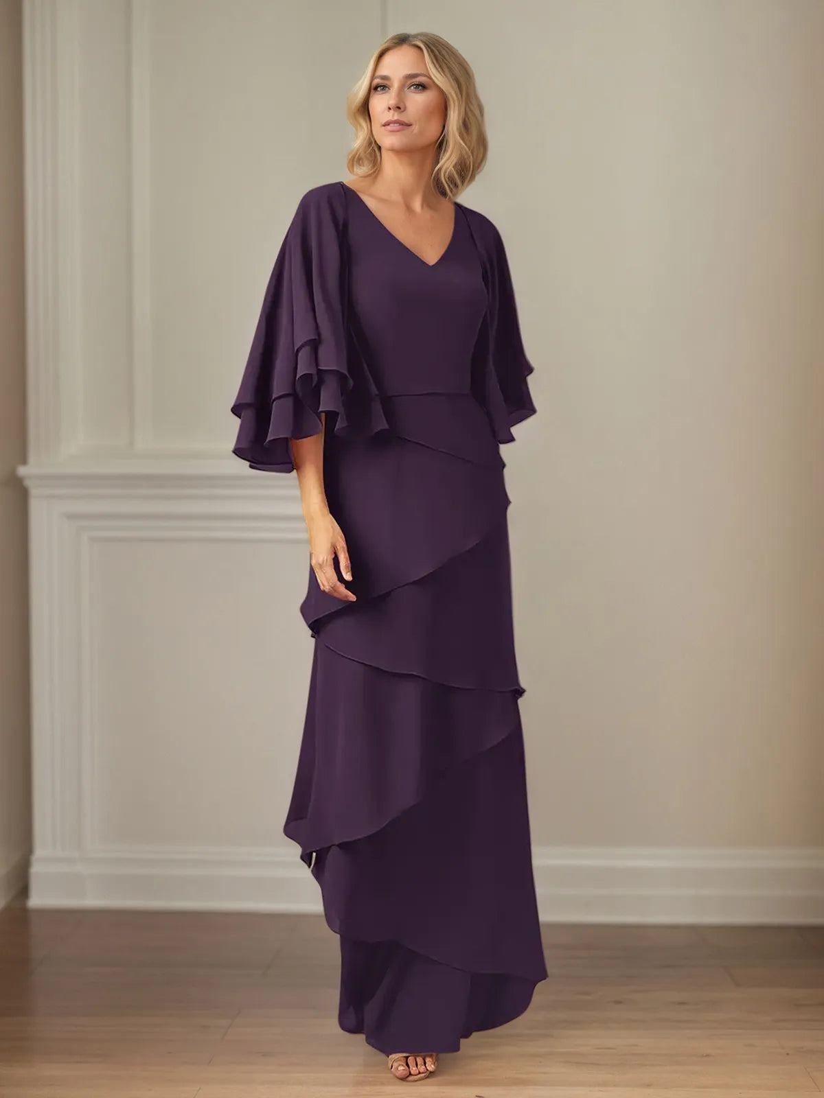 A Line V Neck Flutter Sleeve Floor Length Chiffon Mother of the Bride Dress