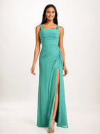Aqua Blue Sheath/Column Chiffon Square Neck Sleeveless Floor-Length Bridesmaid Dresses