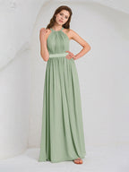 Sage Chiffon A Line Halter Neck Sleeveless Floor Length Bridesmaid Dress