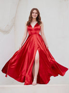 Red Satin A Line V Neck Sleeveless Floor Length Bridesmaid Dress