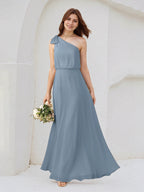 Dusty Blue Chiffon A Line One Shoulder Sleeveless Floor Length Bridesmaid Dresses