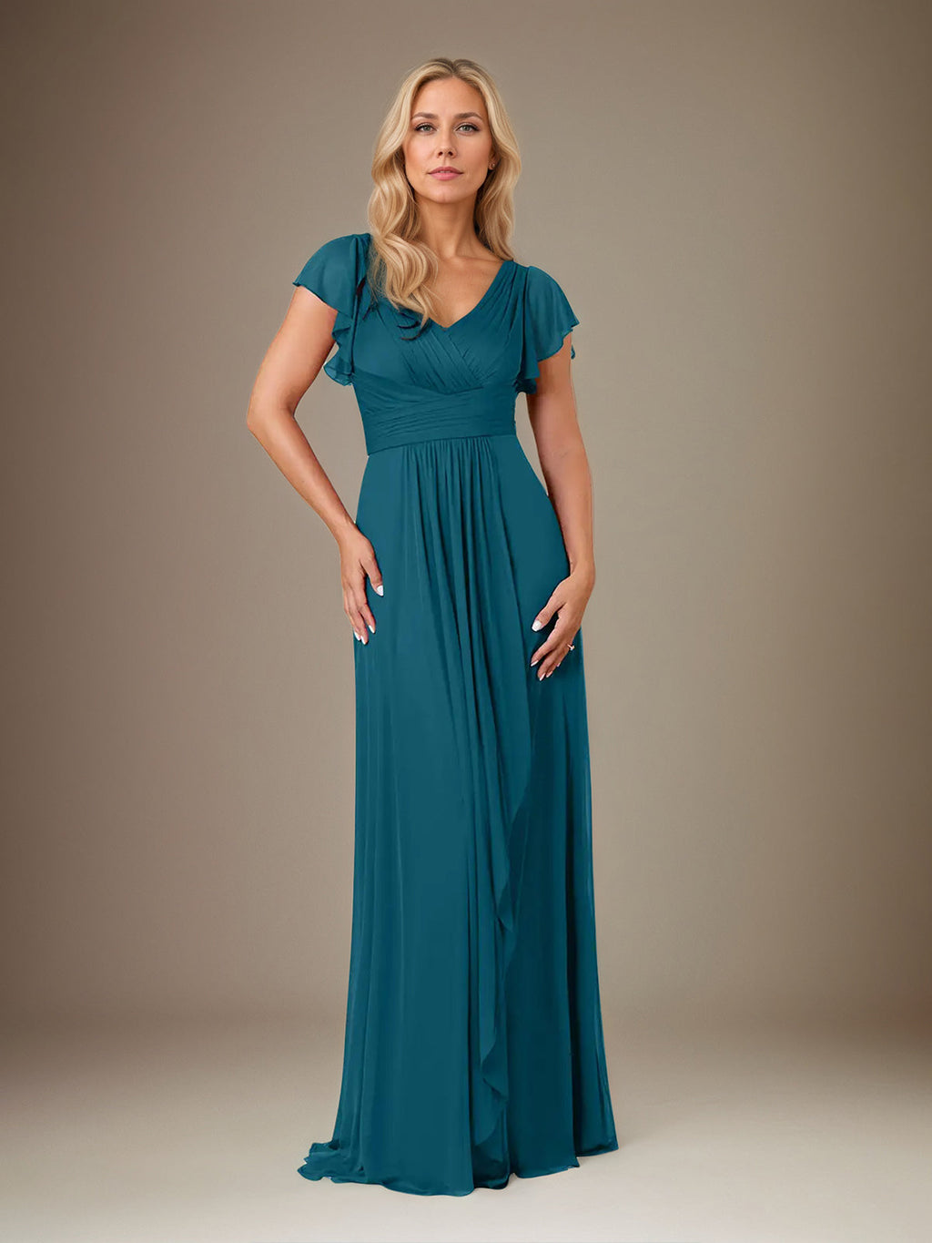 A Line Chiffon V Neck Short Sleeves Floor Length Mother of the Bride Dresses With Ruffles