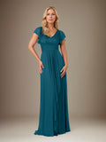 A Line Chiffon V Neck Short Sleeves Floor Length Mother of the Bride Dresses With Ruffles