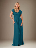 A Line Chiffon V Neck Short Sleeves Floor Length Mother of the Bride Dresses With Ruffles