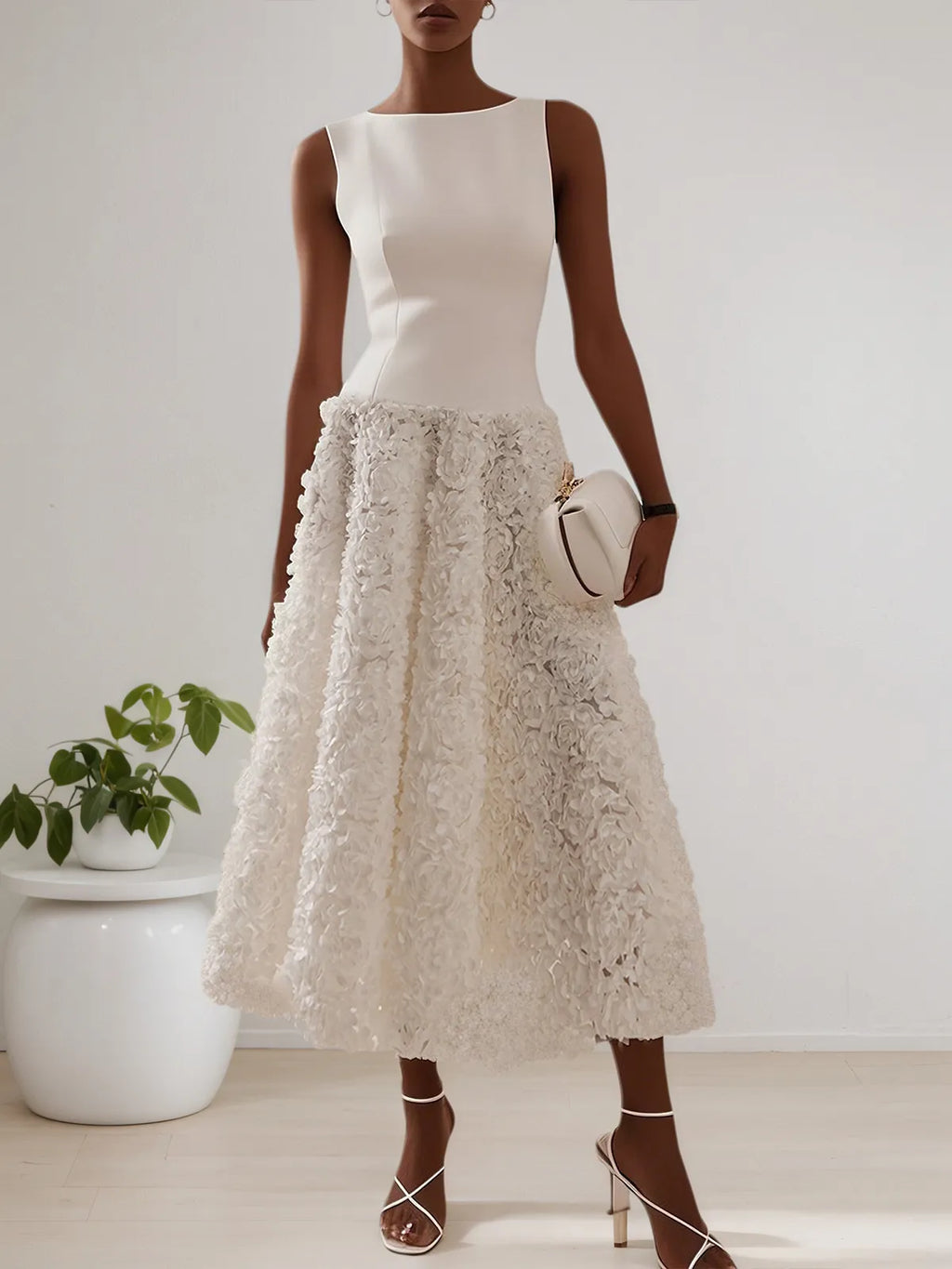 White 3D Floral Boat Neck A-Line Midi Dress