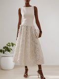 White 3D Floral Boat Neck A-Line Midi Dress