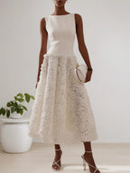 White 3D Floral Boat Neck A-Line Midi Dress