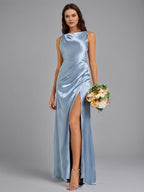 Dusty Blue Sheath/Column Scoop Neck Floor-Length Satin Bridesmaid Dress