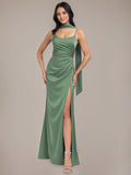 Eucalyptus Sheath/Column Spaghetti Straps Floor-Length Satin Bridesmaid Dress With Scarf