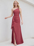 Desert Rose Chiffon A Line One Shoulder Sleeveless Floor Length Bridesmaid Dress
