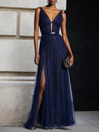 Bläulich-lila Mesh-Kleid mit Hotfix-Verzierung, klassischer V-Ausschnitt, ärmellos, Schlauch-Maxikleid