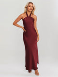 Pflaumenfarbenes Satin-Sheath/Säulen-Kleid mit Neckholder, ärmellos, knöchellang, Brautjungfernkleid