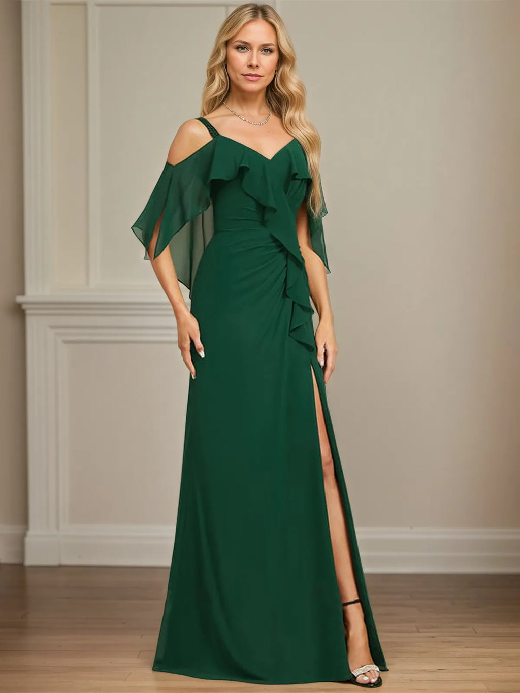 Sheath/Column Cold Shoulder V-Neck Floor-Length Chiffon Dress With Cascading Ruffles Sequins Beading
