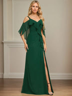 Sheath/Column Cold Shoulder V-Neck Floor-Length Chiffon Dress With Cascading Ruffles Sequins Beading