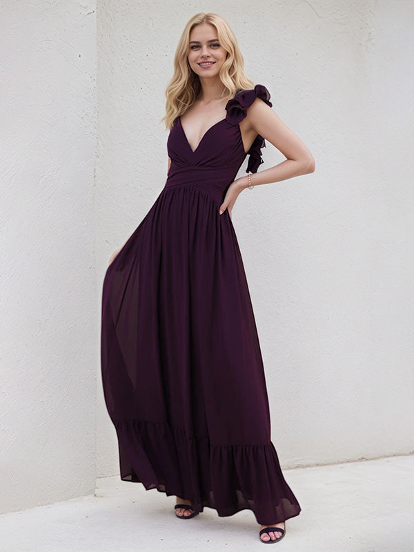 A Line Plum Chiffon V Neck Sleeveless Floor Length Pleated Dress
