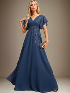 A Line V Neck Floor Length Lace Chiffon Evening Dress With Pleated Sequins
