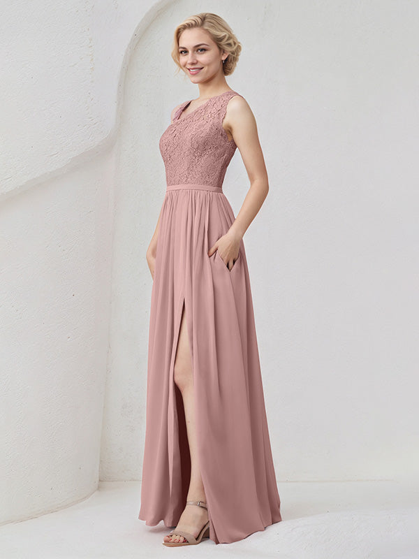 Abito da damigella lungo in chiffon rosa polvere a linea a trapezio, monospalla con applicazioni