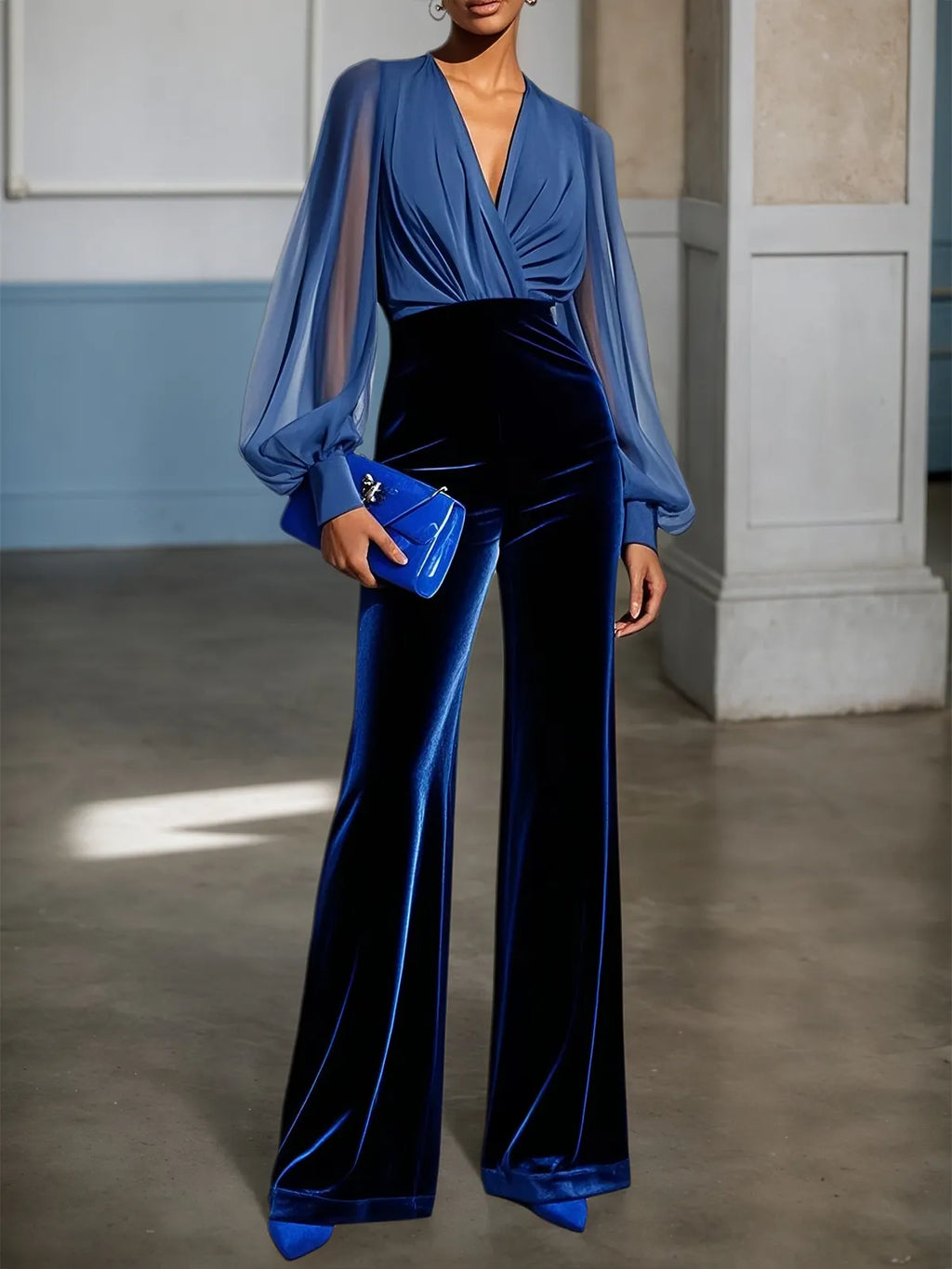 Royal Blue V Neck Mesh Long Sleeve Velvet Jumpsuit