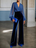 Royal Blue V Neck Mesh Long Sleeve Velvet Jumpsuit