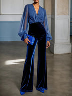Royal Blue V Neck Mesh Long Sleeve Velvet Jumpsuit