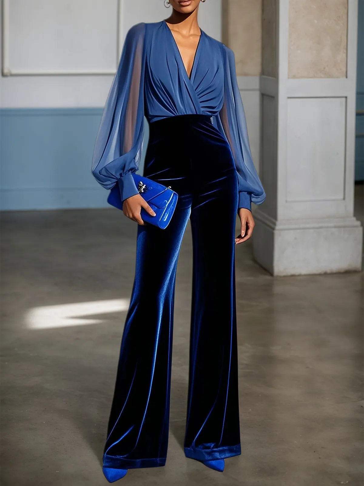 Royal Blue V Neck Mesh Long Sleeve Velvet Jumpsuit