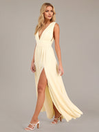 A Line Chiffon V Neck Sleeveless Floor Length Dresses With High Slit