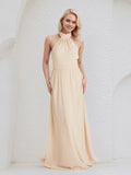 Champagne Chiffon A Line Halter Neck Floor Length Bridesmaid Dress