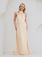 Champagne Chiffon A Line Halter Neck Floor Length Bridesmaid Dress