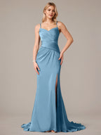 Steel Blue Sheath/Column Satin Spaghetti Straps Sleeveless Floor Length Dresses