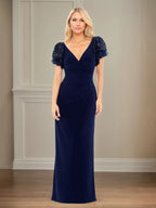 Sheath/Column Stretch Crepe V Neck Short Sleeve Floor Length Dress With Ruffles