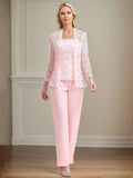 Costume pantalon mère de la mariée en chiffon sans manches épaules dénudées longueur au sol avec appliques
