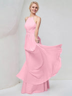 Robe demoiselle d'honneur rose en chiffon ligne A col halter longue