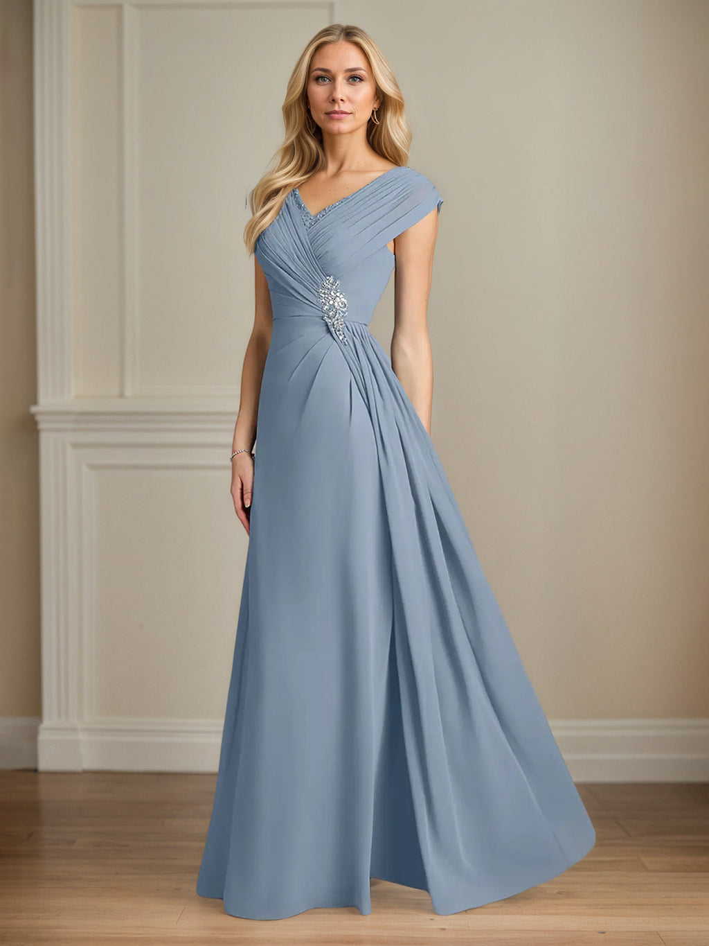 Robe mère de la mariée ligne A en chiffon col en V manches courtes longueur au sol