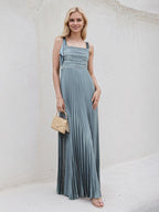 A Line Dusty Blue Satin Square Neck Sleeveless Floor Length Dress With Bow