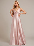 Dusty Rose A-Line V-Neck Floor-Length Satin Bridesmaid Dress