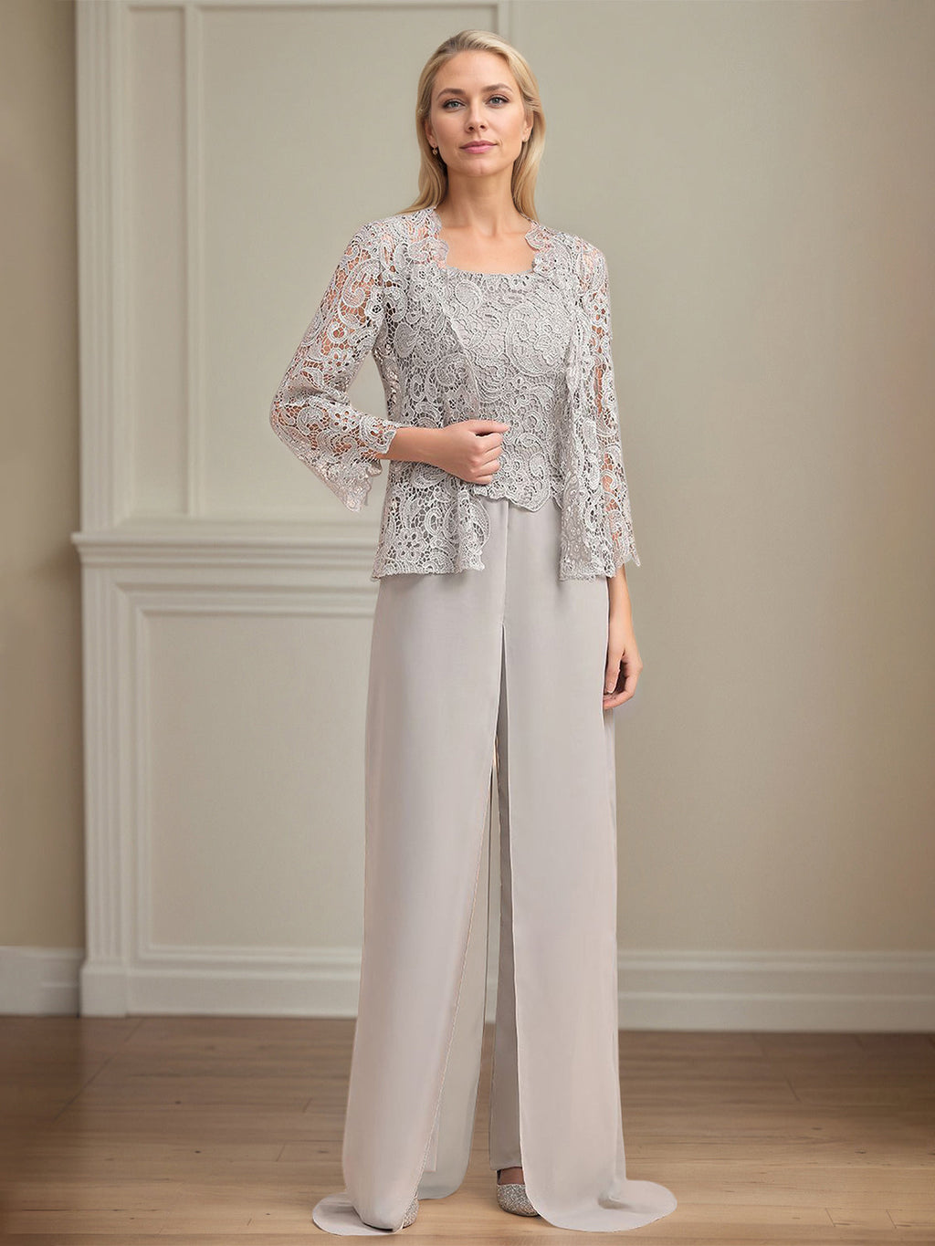 Conjunto Calça para Mãe da Noiva de Chiffon, Decote Quadrado, Sem Mangas e Comprimento Longo com Pregas