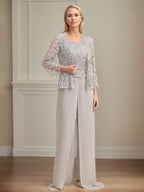 Conjunto Calça para Mãe da Noiva de Chiffon, Decote Quadrado, Sem Mangas e Comprimento Longo com Pregas